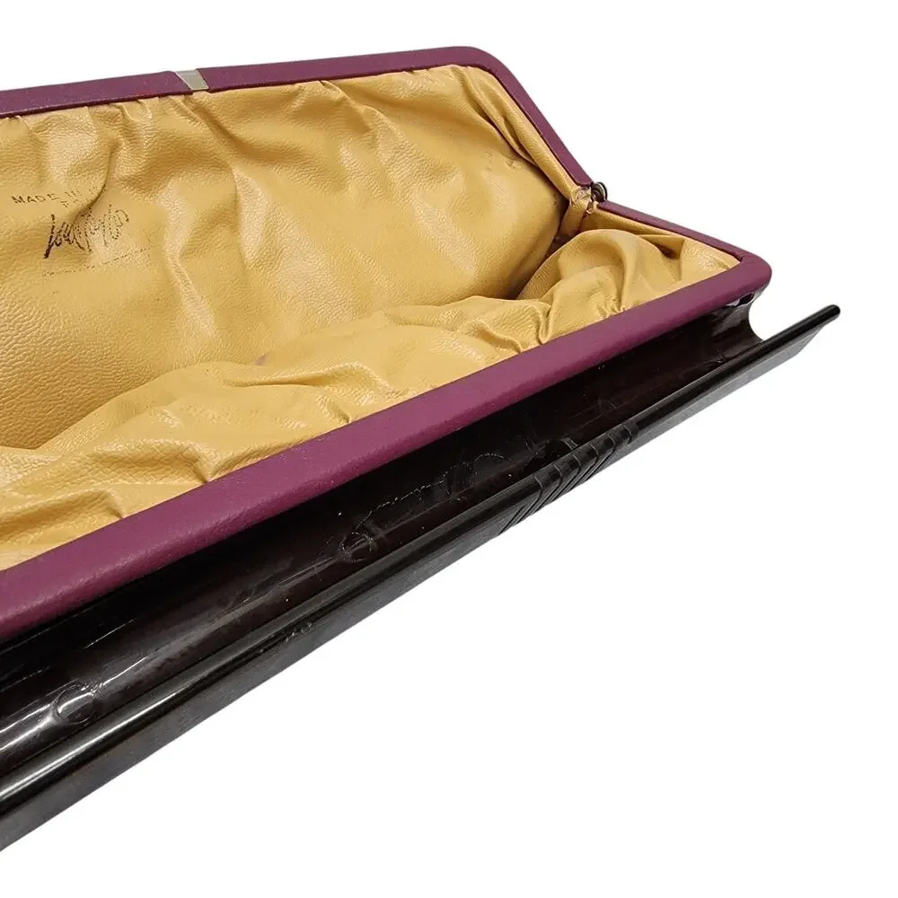 Vintage Lord & Taylor Plum Leather Clutch Bag Made in Italy Black Frame